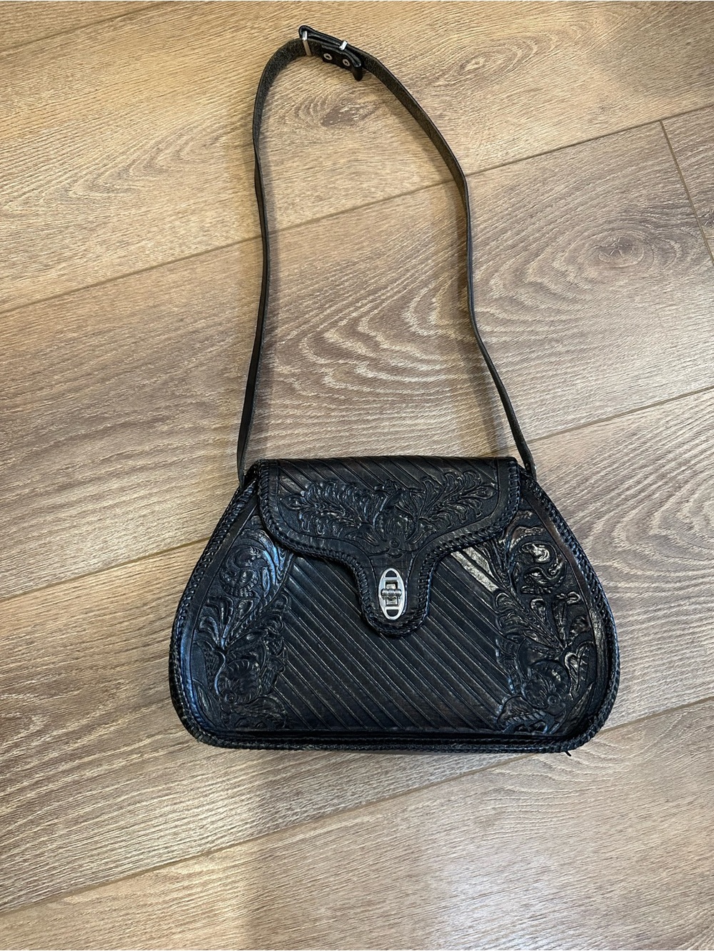 Vintage Black Tooled Leather Shoulder Bag with adjustable strap